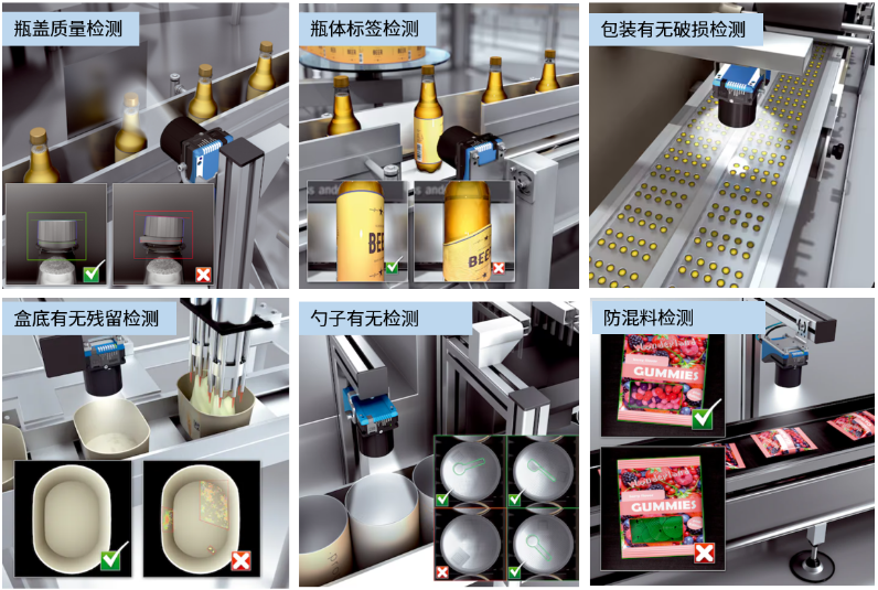 瓶蓋質(zhì)量檢測(cè)，瓶體標(biāo)簽檢測(cè)，包裝有無(wú)破損檢測(cè)，盒底有無(wú)殘留檢測(cè)，勺子有無(wú)檢測(cè)，防混料檢測(cè).png